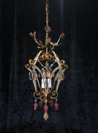 Fabulous Vintage Italian 3 Arm Caged Florentine Flower Crystal Chandelier Light