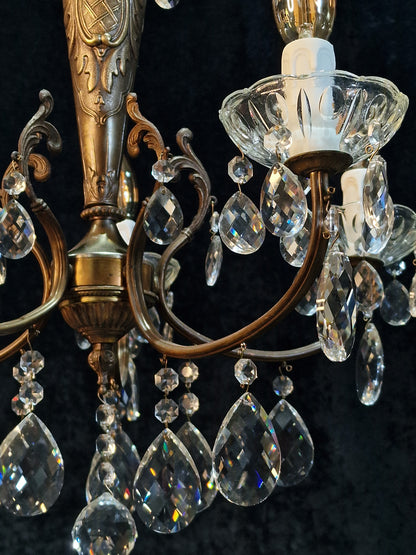 Lovely Elegant Vintage Italian 5 Arm Brass Crystal Chandelier Ceiling Light