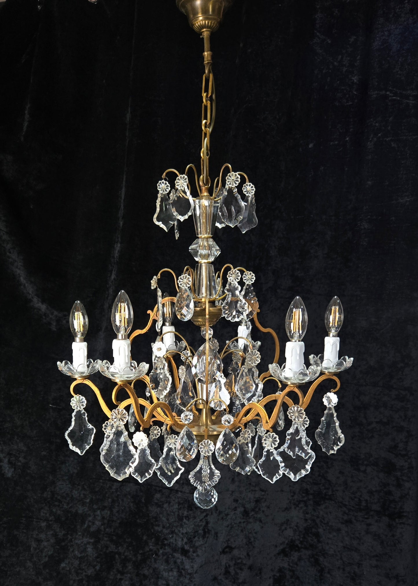 Gorgeous Antique French 6 Arm 7 Light Brass Bronze Cage Crystal Chandelier Light