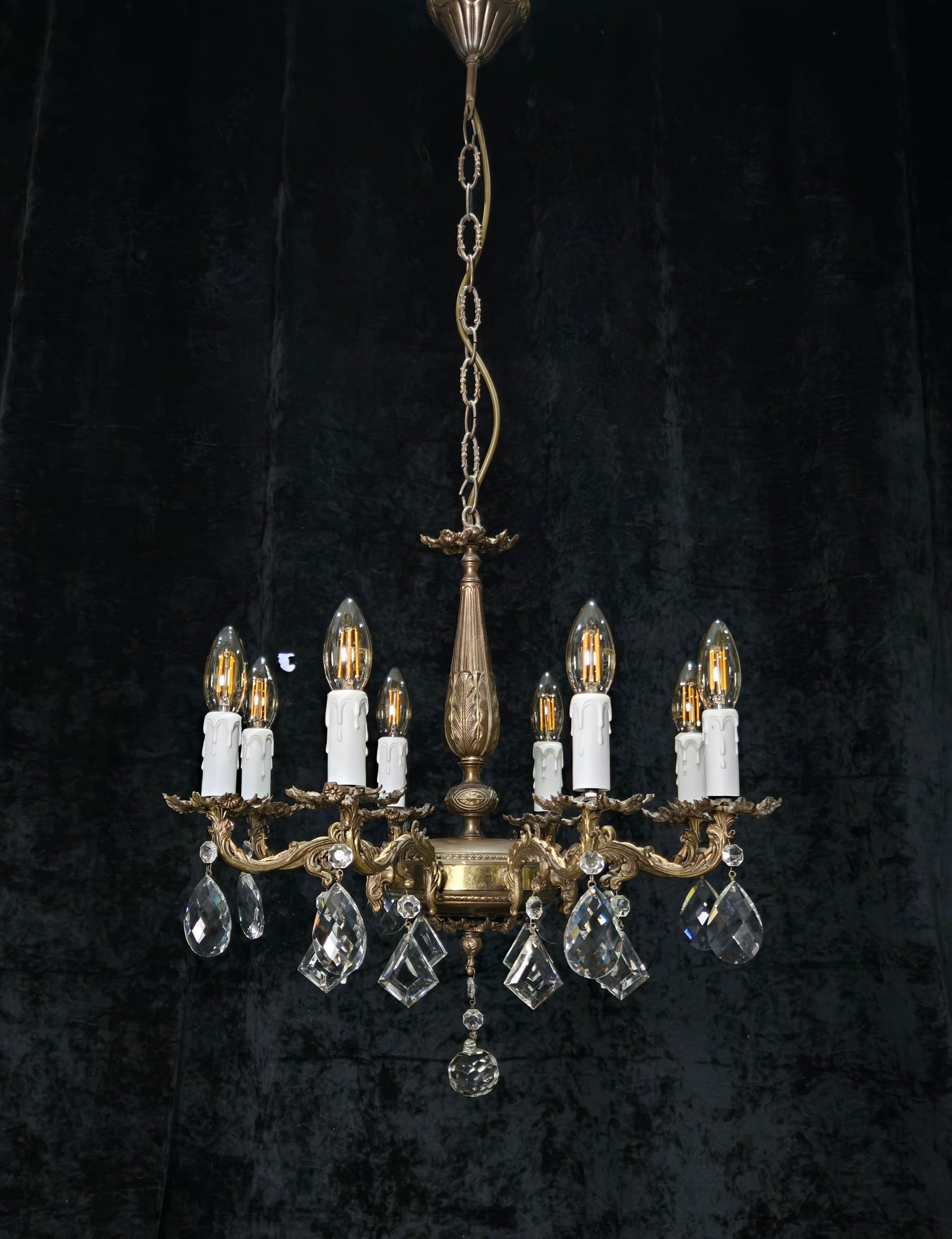 Fabulous Vintage Italian 8 Arm Brass Flower Crystal Chandelier Ceiling Light