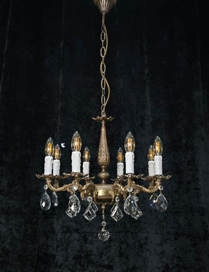 Fabulous Vintage Italian 8 Arm Brass Flower Crystal Chandelier Ceiling Light
