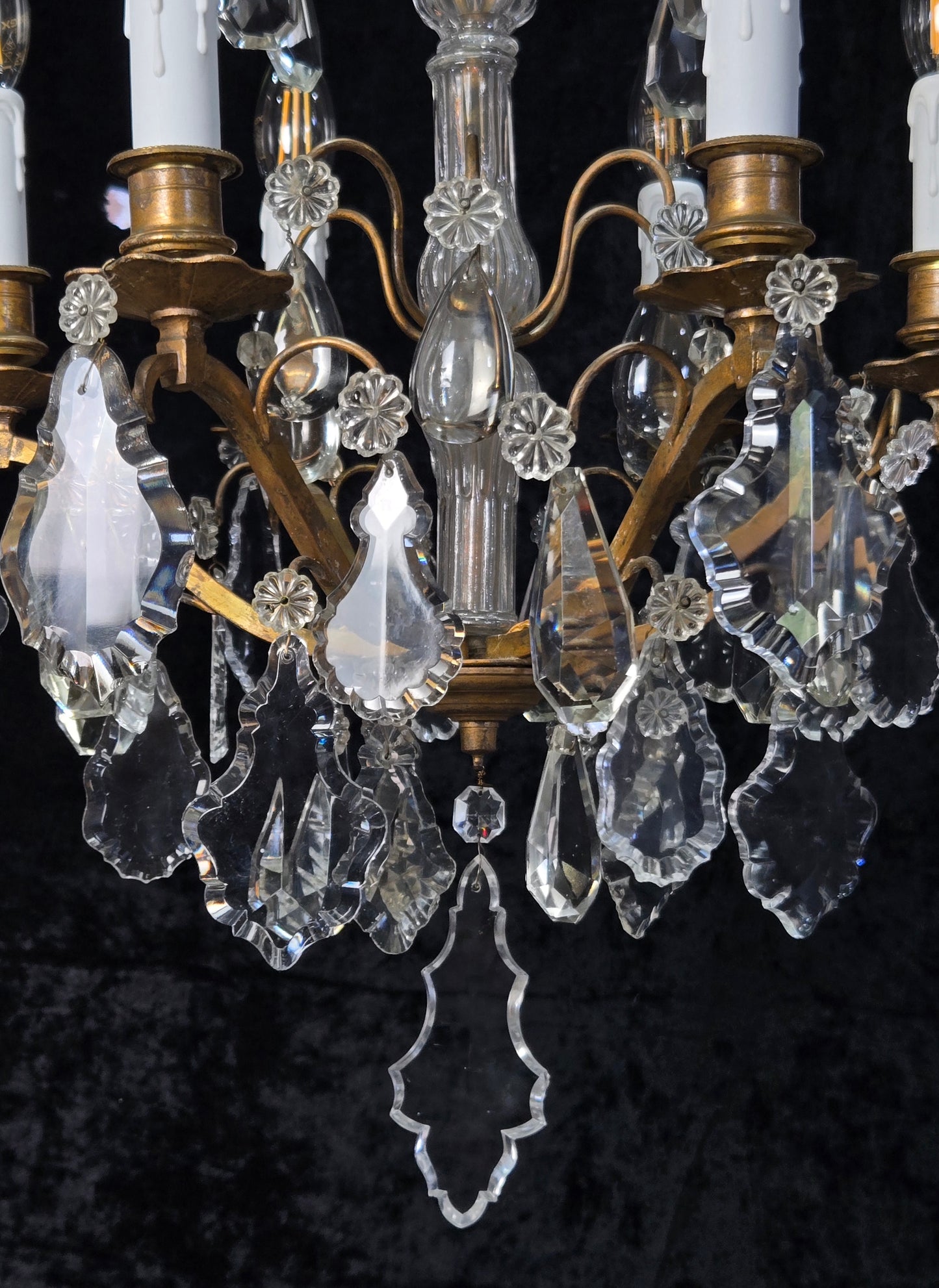 Traditional Tall Antique French 6 Arm Brass Crystal 3 Tier Chandelier Light