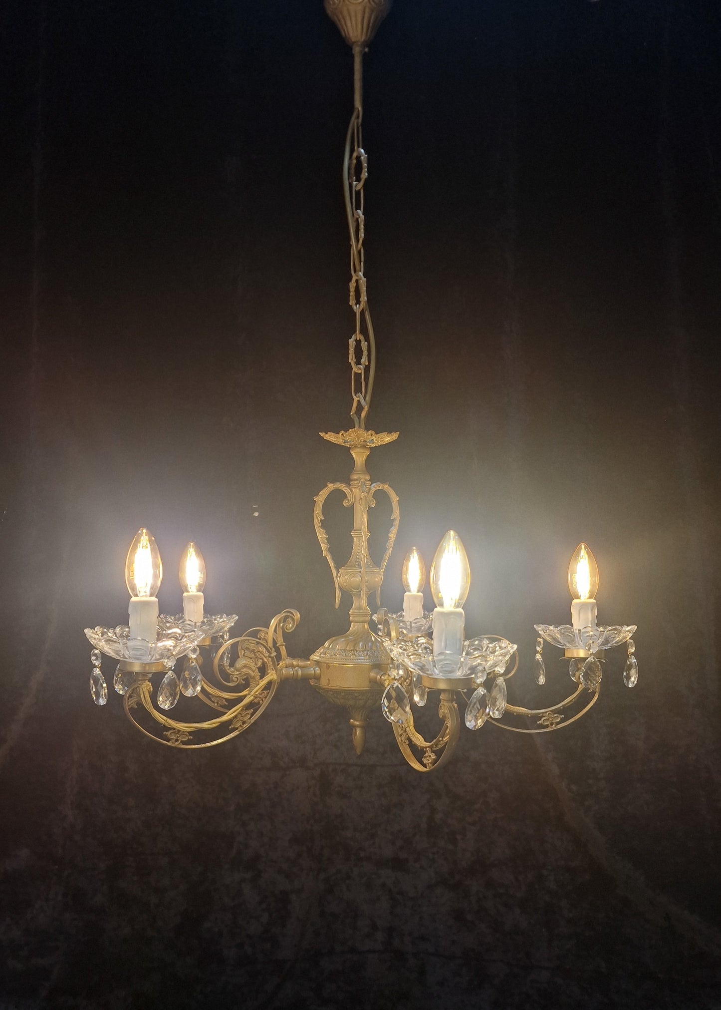Beautiful 5 Arm Vintage Italian Brass and Crystal Dolphin Chandelier Light