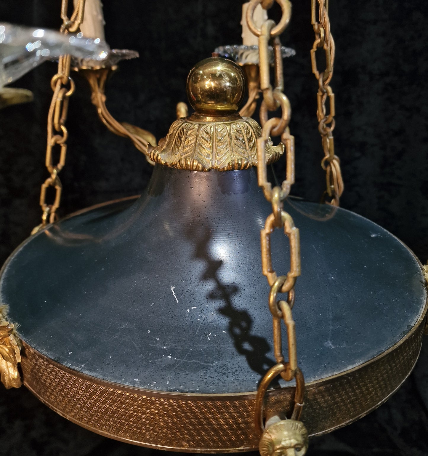 Stately Heavy Vintage French 6 Light Brass Empire Swans Lionheads Chandelier