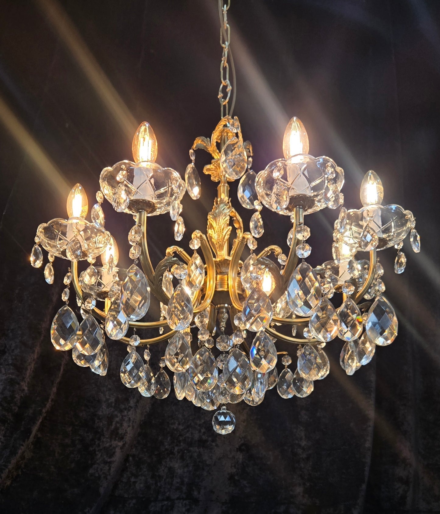 Beautiful Vintage Italian 8 Arm Brass Crystal Leaf Chandelier Ceiling Light