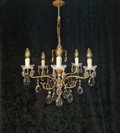 Lovely Vintage French 5 Arm Brass and Crystal Leaf Chandelier Ceiling Light