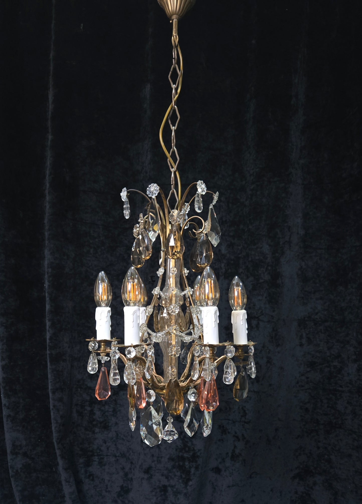Beautiful Antique Italian 6 Arm Brass Crystal Cage Chandelier Ceiling Light