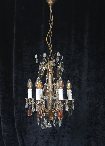 Beautiful Antique Italian 6 Arm Brass Crystal Cage Chandelier Ceiling Light