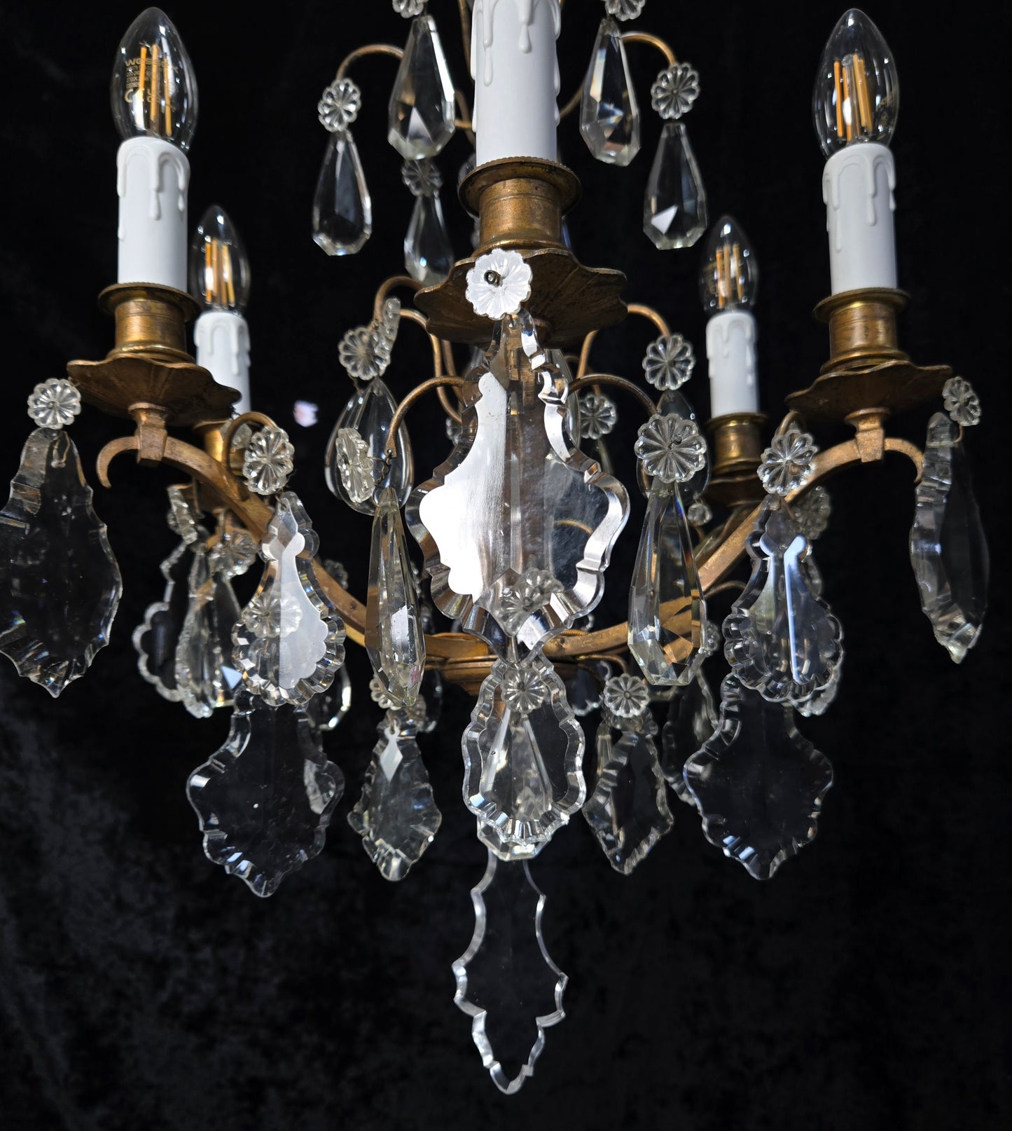 Traditional Tall Antique French 6 Arm Brass Crystal 3 Tier Chandelier Light