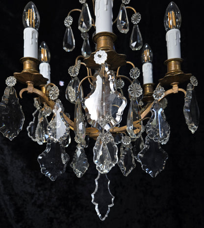 Traditional Tall Antique French 6 Arm Brass Crystal 3 Tier Chandelier Light