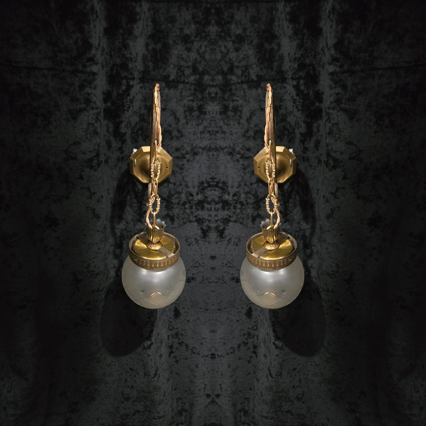 Unique Pair of Vintage Italian Brass Glass Lantern Wall Lights Sconces