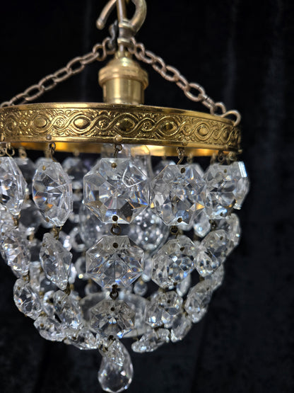 Petite Vintage French Crystal Half Bag Brass Leaf Chandelier Ceiling Light