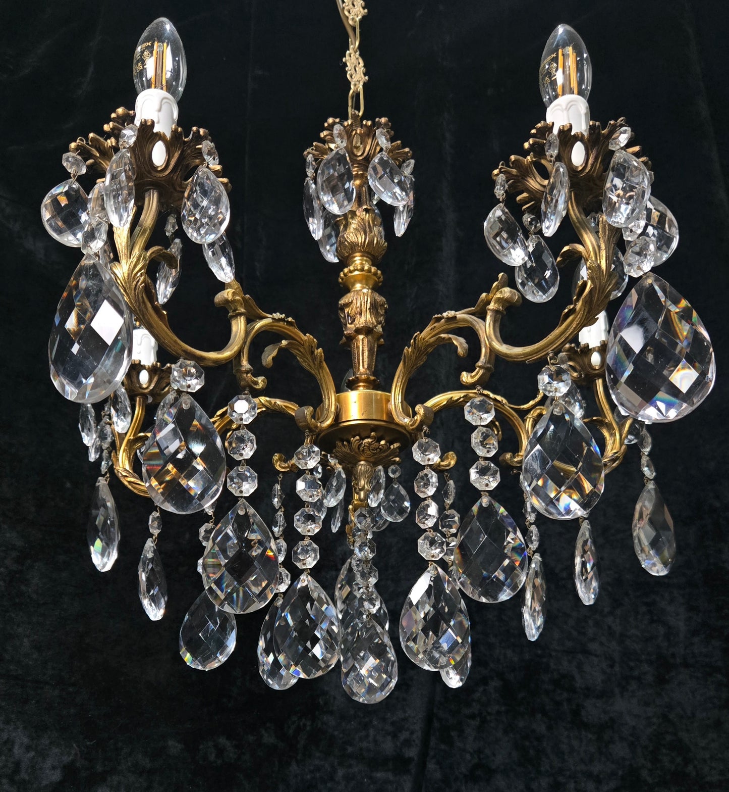 Fabulous Vintage French 5 Arm Brass Heavy Crystal Leaf Chandelier Ceiling Light