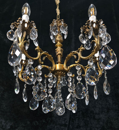Fabulous Vintage French 5 Arm Brass Heavy Crystal Leaf Chandelier Ceiling Light