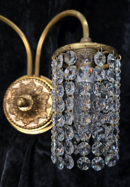 Beautiful Pair of Vintage French 2 Arm Brass Wall Lights with Crystal Shades