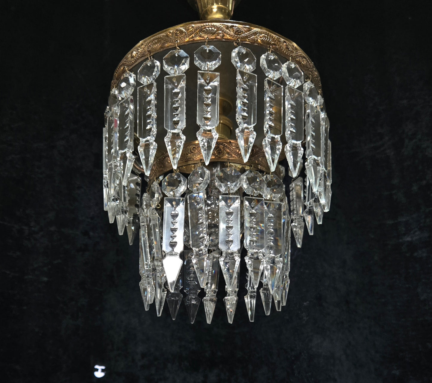 Beautiful Vintage French 2 Tier Waterfall Crystal Brass 1 Light Flush Chandelier