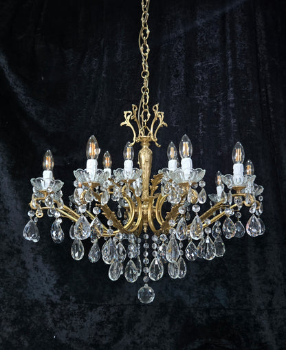 Fabulous Large Vintage Italian Heavy 10 Arm 15 Light Brass Crystal Chandelier