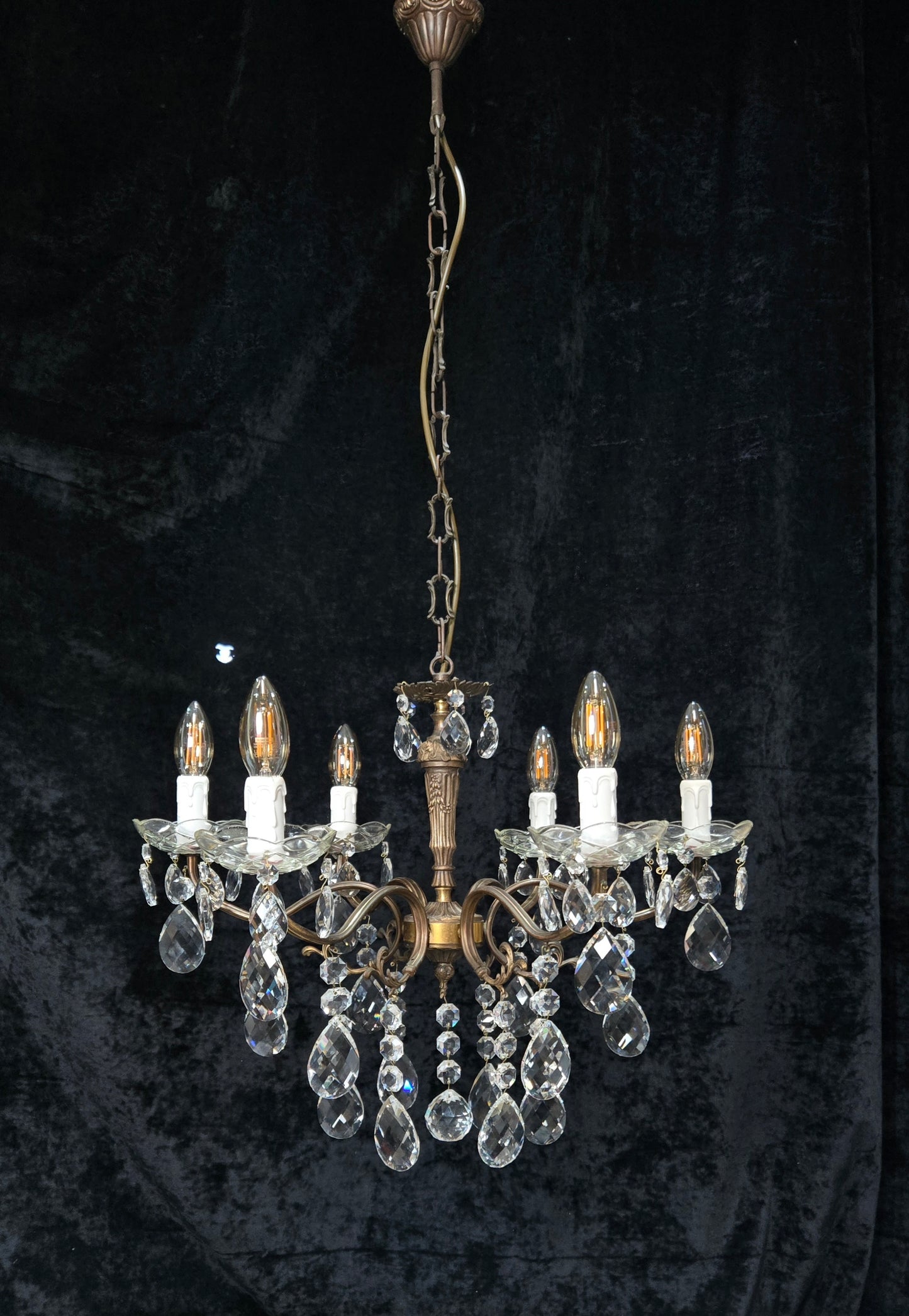 Traditional Vintage French 6 Arm Brass Crystal Glass Chandelier Ceiling Light