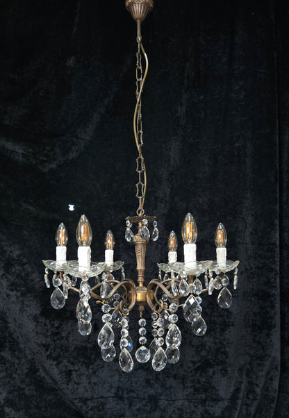 Traditional Vintage French 6 Arm Brass Crystal Glass Chandelier Ceiling Light