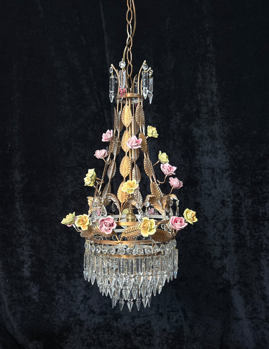 Fabulous Vintage Italian Florentine Roses Crystal Waterfall Chandelier Light