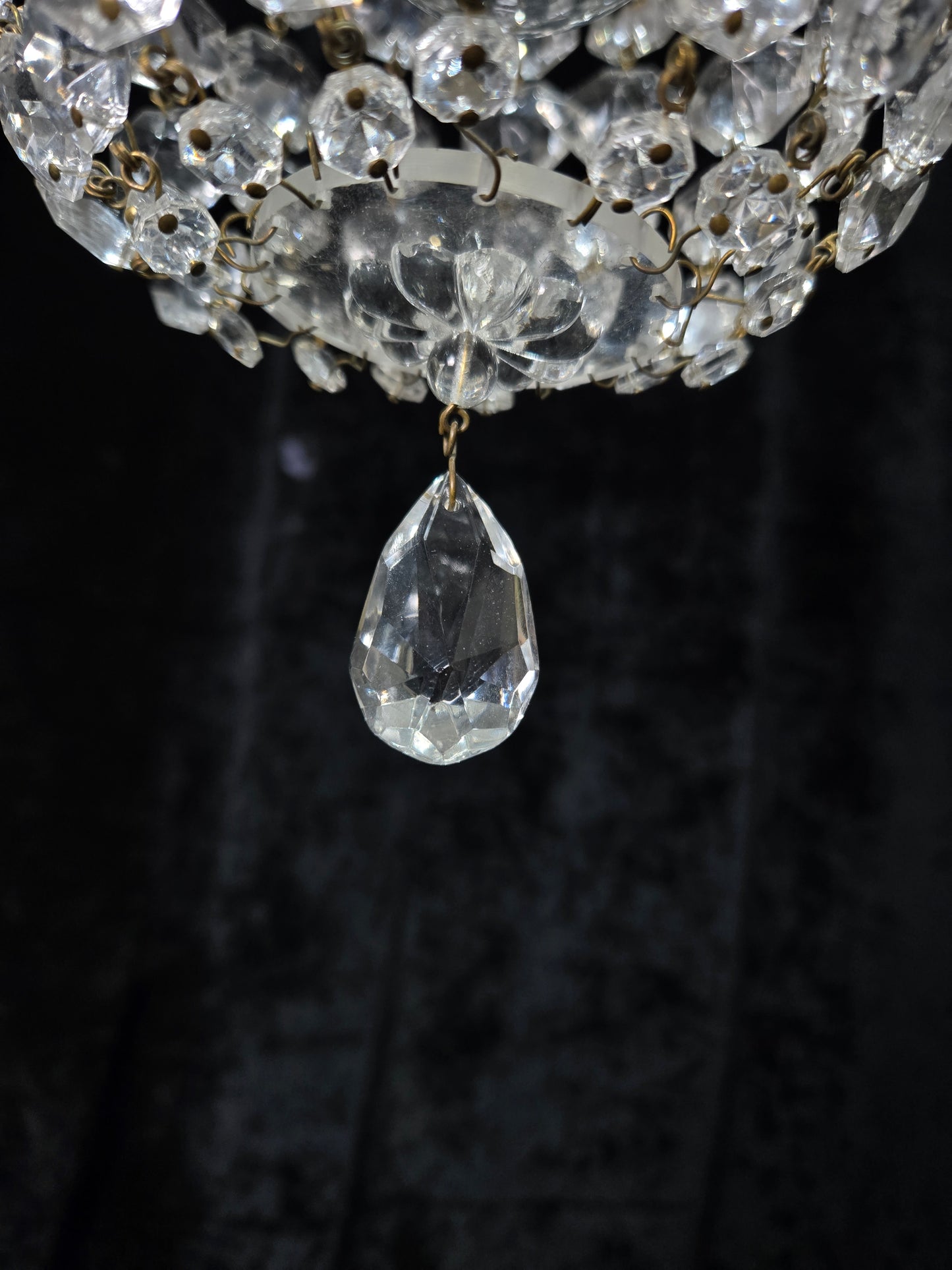 Petite Vintage French Crystal Half Bag Brass Leaf Chandelier Ceiling Light