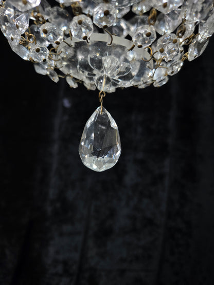 Petite Vintage French Crystal Half Bag Brass Leaf Chandelier Ceiling Light