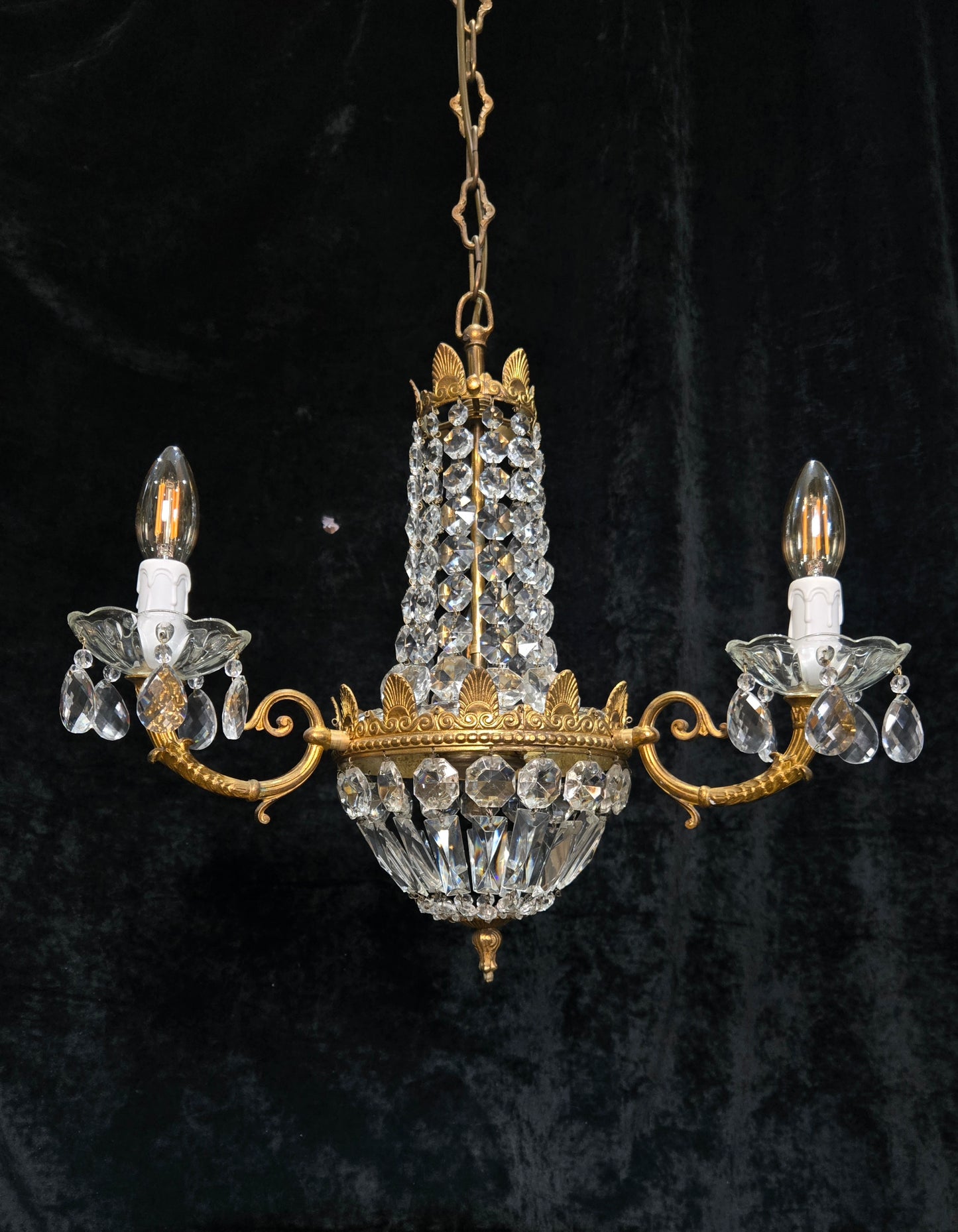 Traditional Vintage French 3 Arm Brass and Crystal Montgolfiere Bag Chandelier