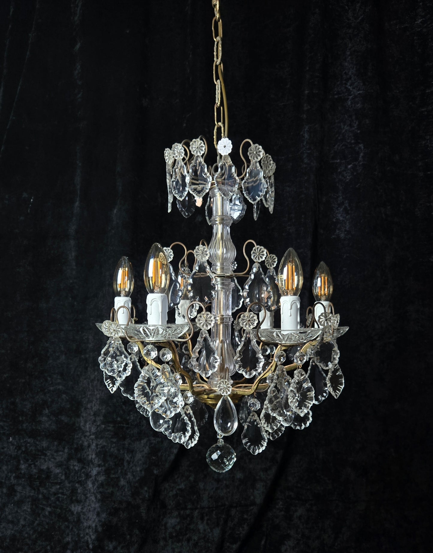 Fabulous Heavy Antique French 6 Arm Bronze Tiered Crystal Chandelier Light