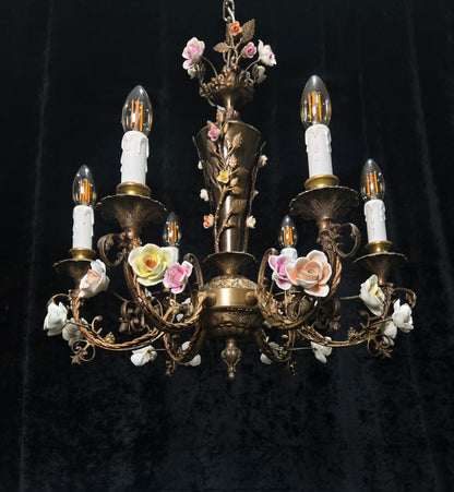 Fabulous Vintage Italian 6 Arm Brass Florentine Flower Roses Chandelier Light