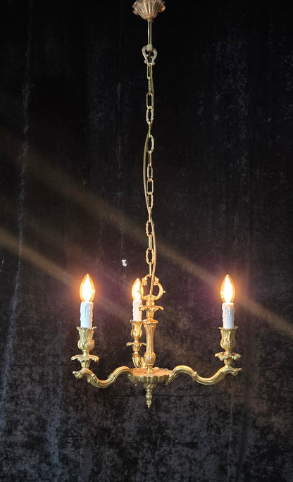 Traditional Antique French Solid Brass 3 Arm Rococo Style Chandelier Light