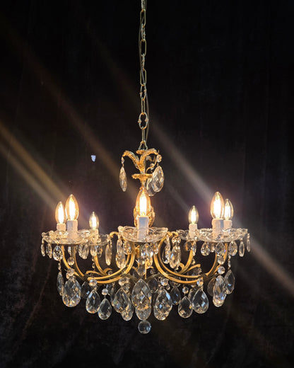 Beautiful Vintage Italian 8 Arm Brass Crystal Leaf Chandelier Ceiling Light
