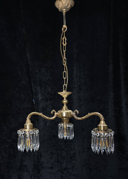 Lovely Vintage Italian 3 Arm Brass Crystal Chandelier Ceiling Light