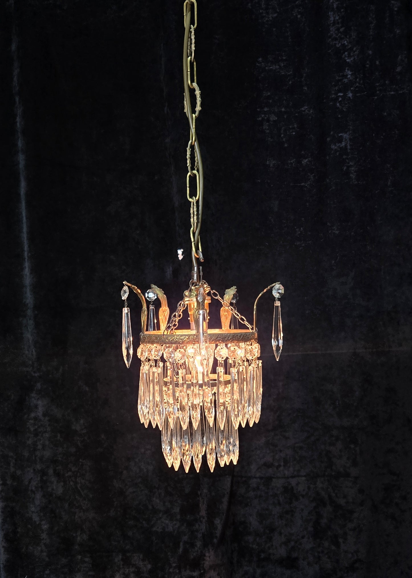 Beautiful Antique French Crystal Waterfall Brass Leaf Chandelier Ceiling Light