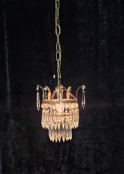 Beautiful Antique French Crystal Waterfall Brass Leaf Chandelier Ceiling Light