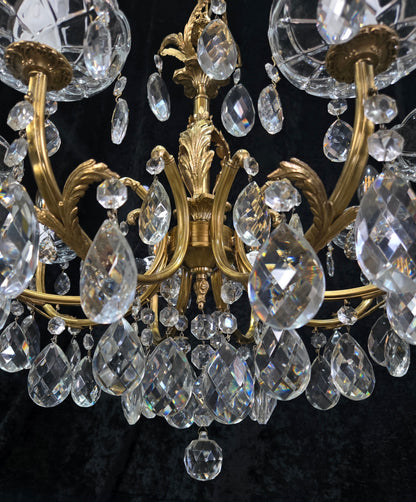 Beautiful Vintage Italian 8 Arm Brass Crystal Leaf Chandelier Ceiling Light