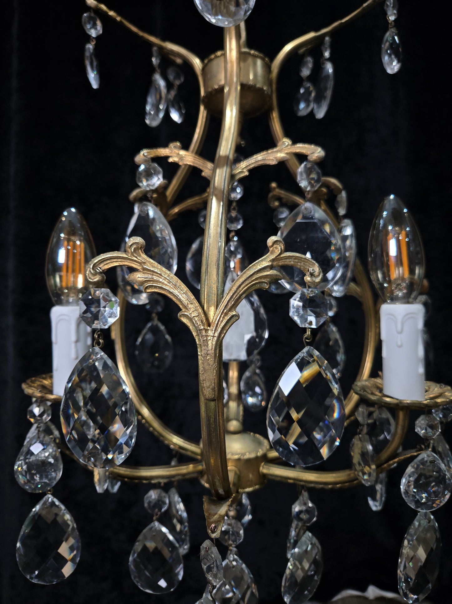 Beautiful Vintage Italian 3 Arm Brass Crystal Cage Chandelier Ceiling Light
