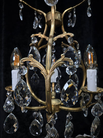 Beautiful Vintage Italian 3 Arm Brass Crystal Cage Chandelier Ceiling Light
