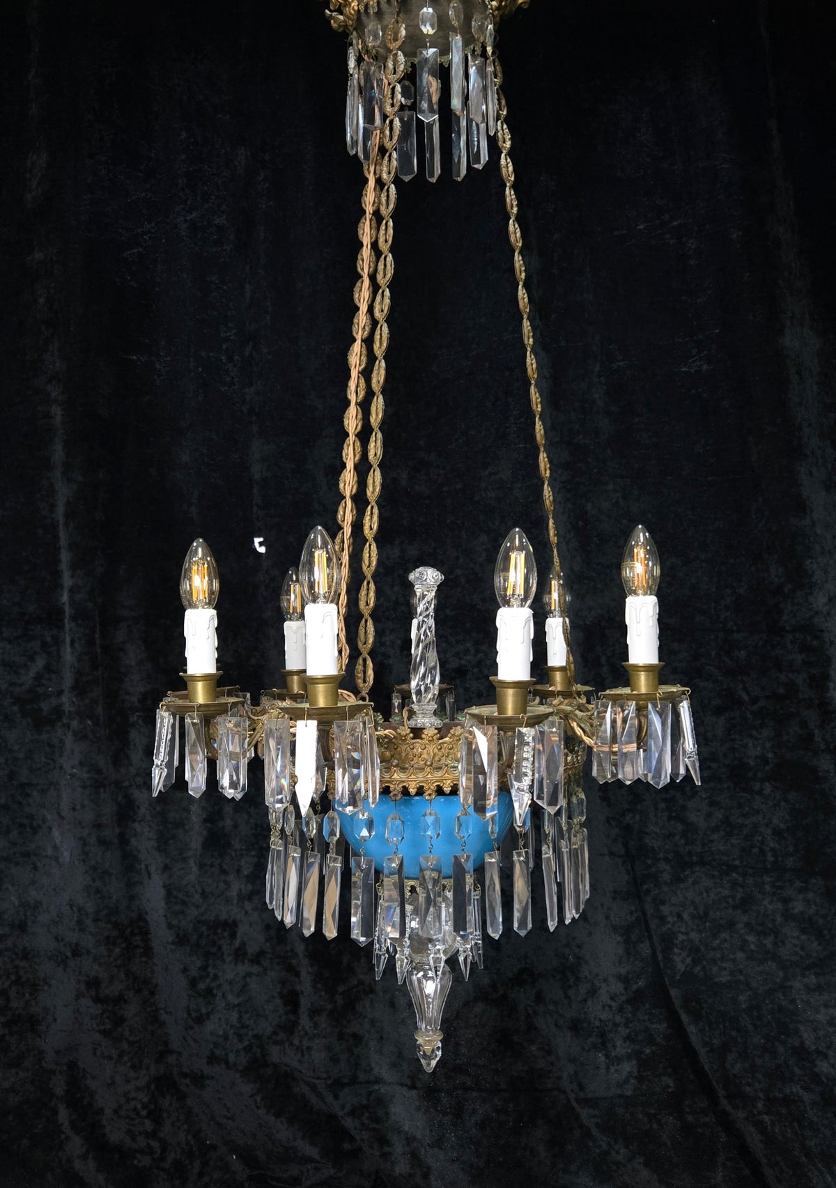 Exceptional Antique French Late 1800s 9 Arm Brass Blue Glass Crystal Chandelier