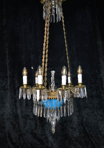 Exceptional Antique French Late 1800s 9 Arm Brass Blue Glass Crystal Chandelier