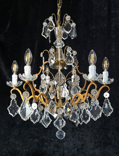 Gorgeous Antique French 6 Arm 7 Light Brass Bronze Cage Crystal Chandelier Light