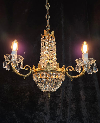 Traditional Vintage French 3 Arm Brass and Crystal Montgolfiere Bag Chandelier