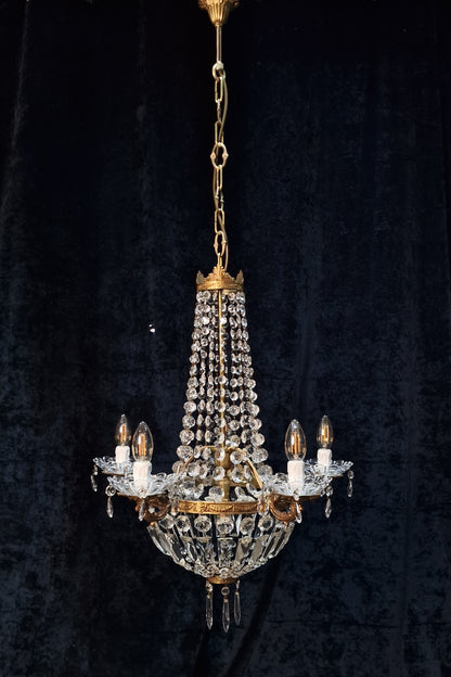 Traditional Antique French 5 Arm 6 Light Crystal Brass Montgolfiere Chandelier