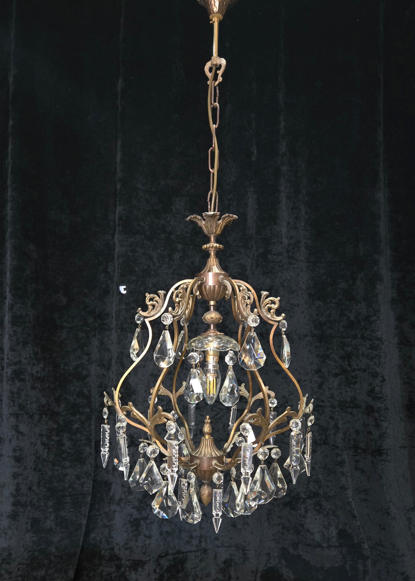 Elegant Vintage Italian 1 Light Cage Crystal Brass Chandelier Ceiling Light