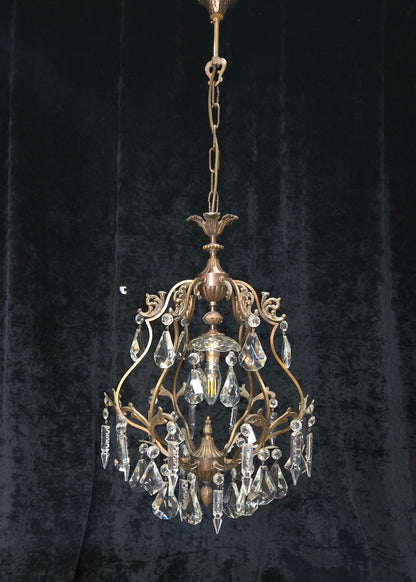 Elegant Vintage Italian 1 Light Cage Crystal Brass Chandelier Ceiling Light