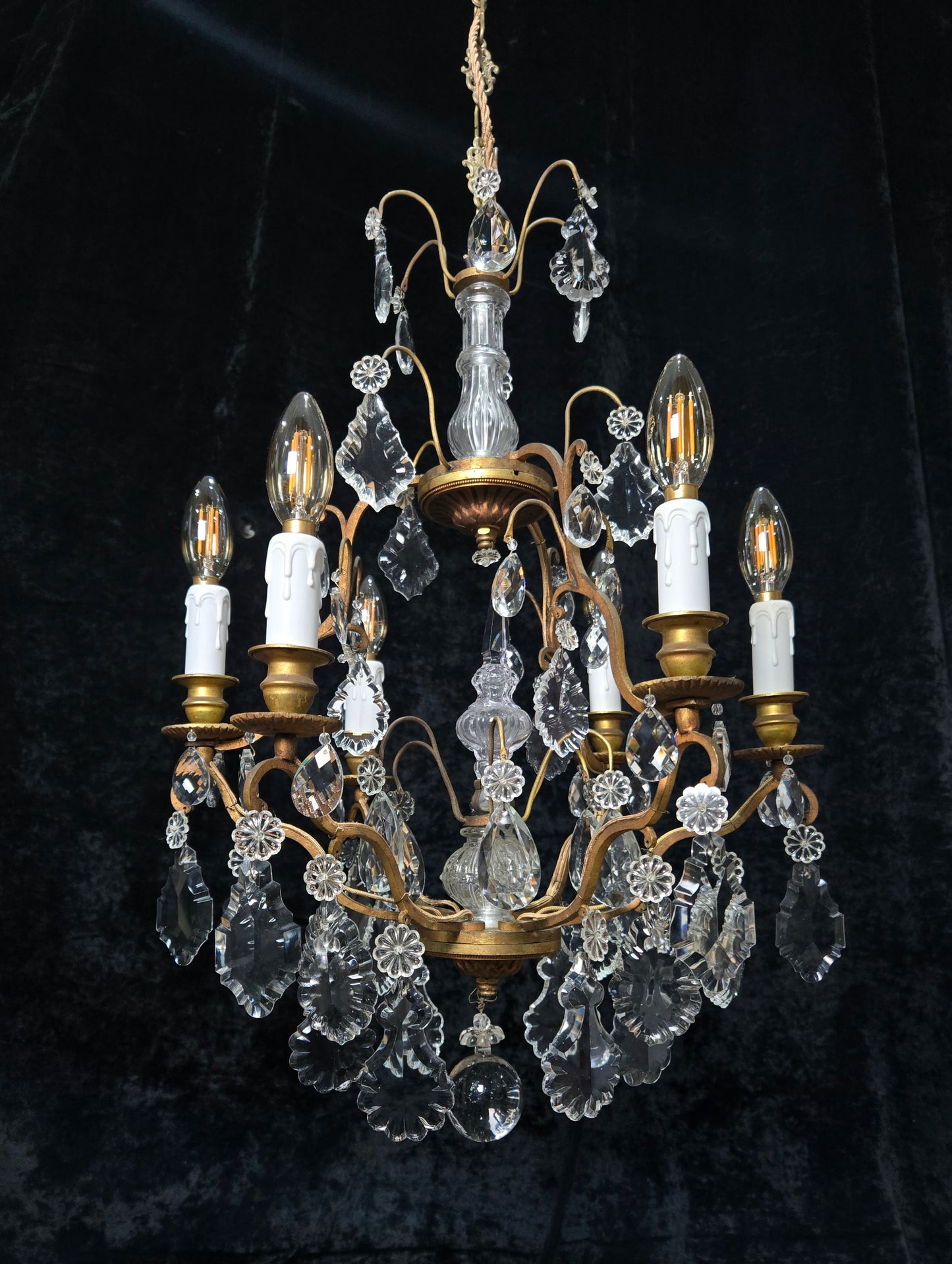 Stunning Antique French 6 Arm Cage Bronze Crystal Chandelier Ceiling Light