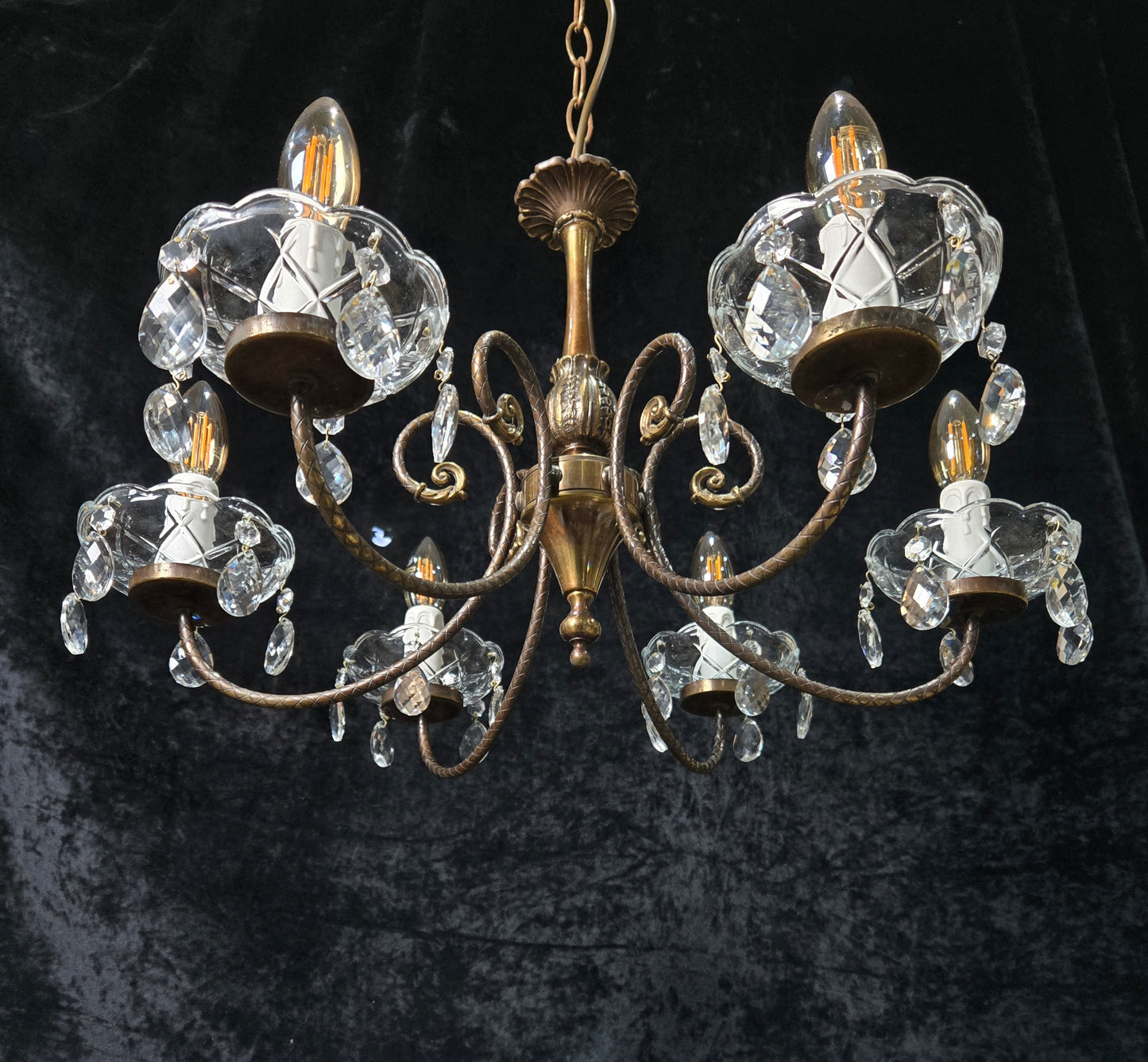 Classical Vintage Italian Brass 6 Arm Glass Crystal Chandelier Ceiling Light