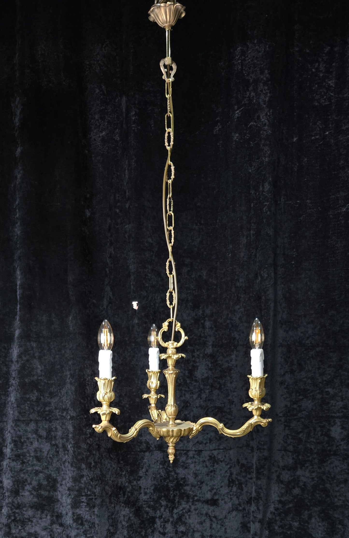 Traditional Antique French Solid Brass 3 Arm Rococo Style Chandelier Light