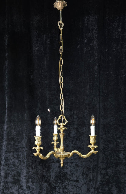 Traditional Antique French Solid Brass 3 Arm Rococo Style Chandelier Light