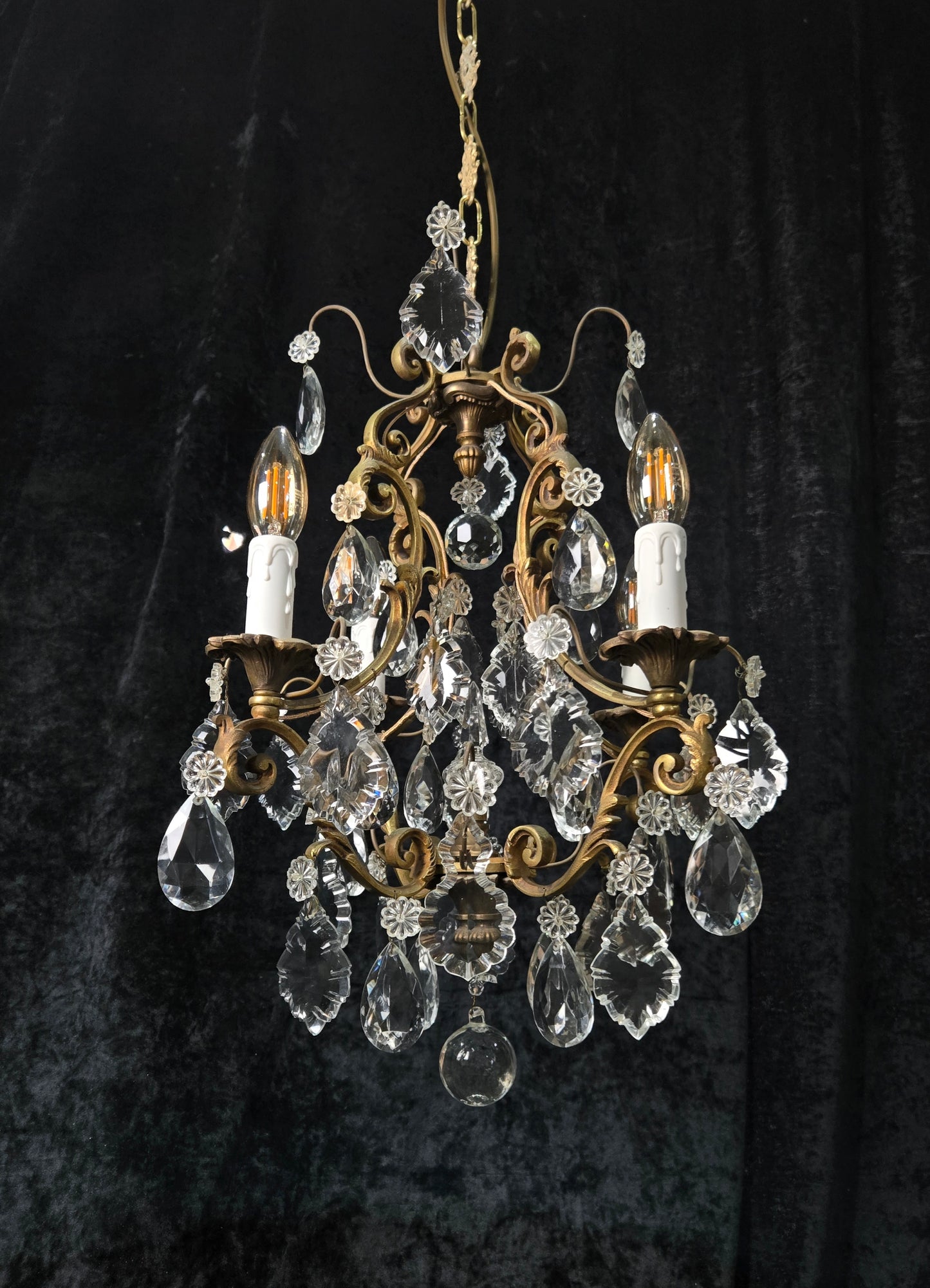 Gorgeous Heavy Antique French 4 Arm Caged Bronze Crystal Chandelier Light