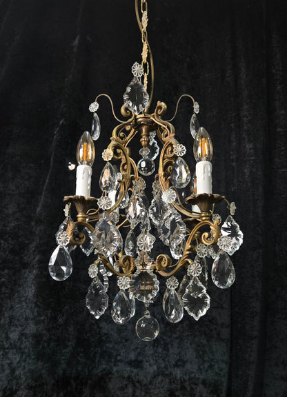 Gorgeous Heavy Antique French 4 Arm Caged Bronze Crystal Chandelier Light